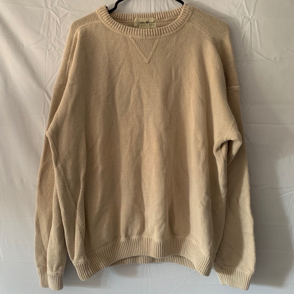 Eddie Bauer Mens Beige Cotton Knit Crewneck Sweater Large Tan V-Stitch Ribbed L